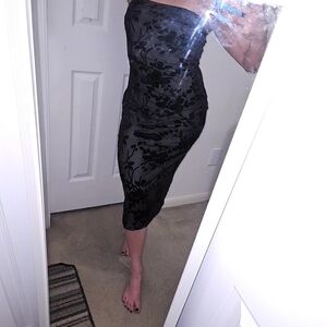 Black Velvet Floral Midi Dress Elegant Textured Floral Dress